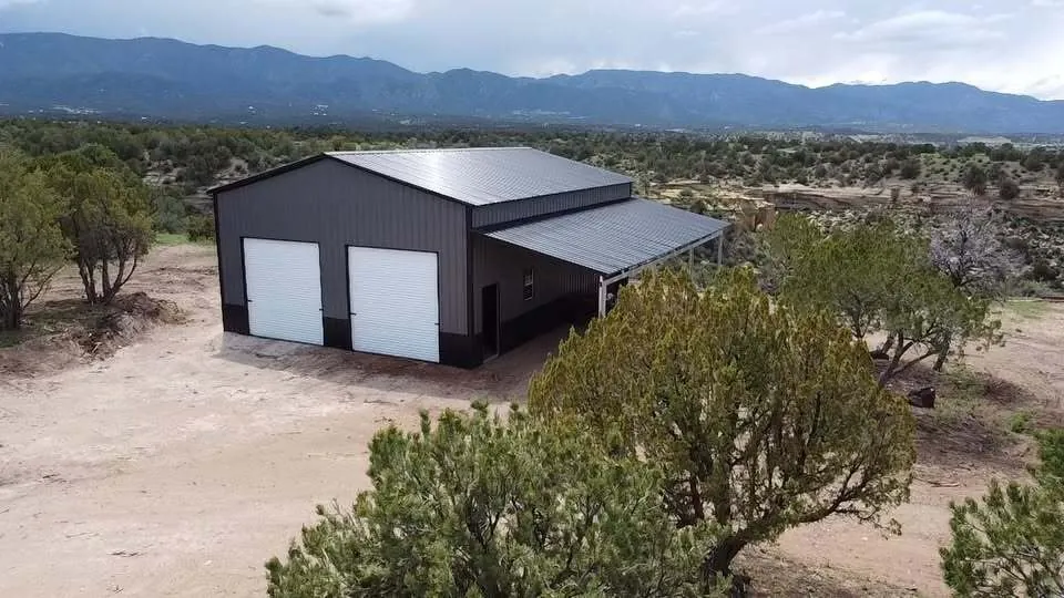 Dark gray steel building with two white roll-up doors and a side lean-to, mountains behind